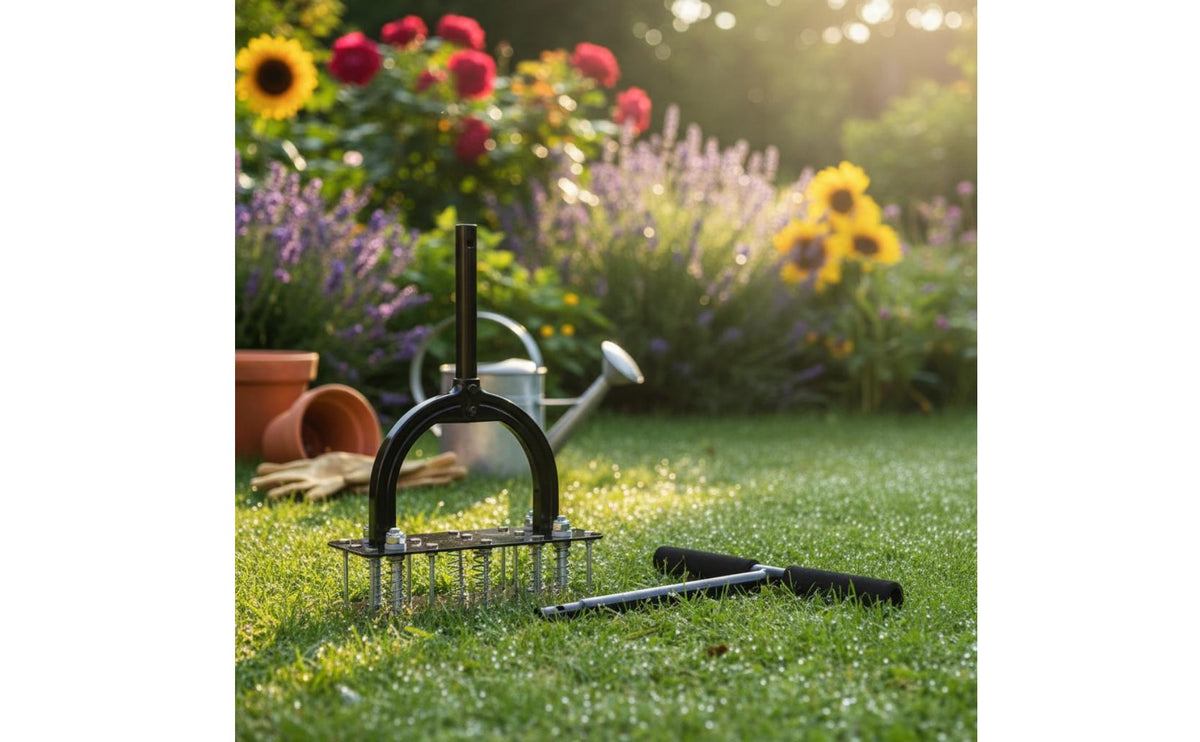 15 Spikes T-Handle Lawn Aerator Tool Easy Assembly Manual Lawn Aerator Spike Soil Loosener for Gardeners, Homeowners, Garden, Yard
