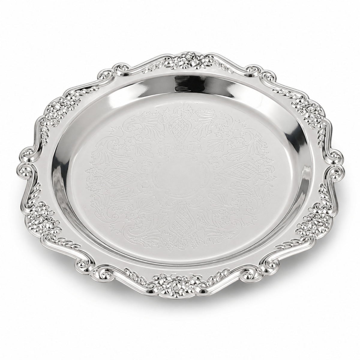 Ornate Tray with Scalloped Rim Embossed Trinket Dish Decorative Jewelry Tray Reflective for Vanity