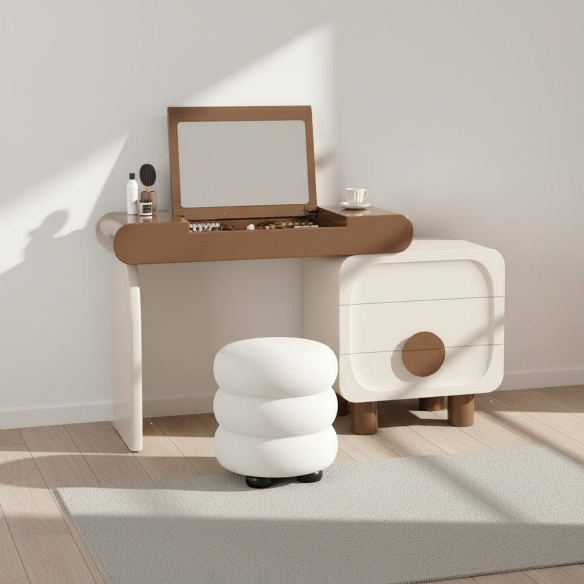 Minimalist Design Flip-Top Vanity Desk Compartmentalized Storage Flip Top Vanity Desk Rounded Corners Makeup Table with Hidden Mirror Solid Wood Construction for Dorm Room