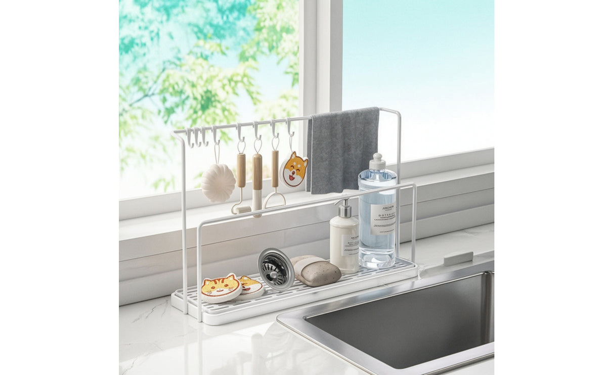 Countertop Kitchen Draining Rack Open-Frame Kitchen Organizer with Hooks