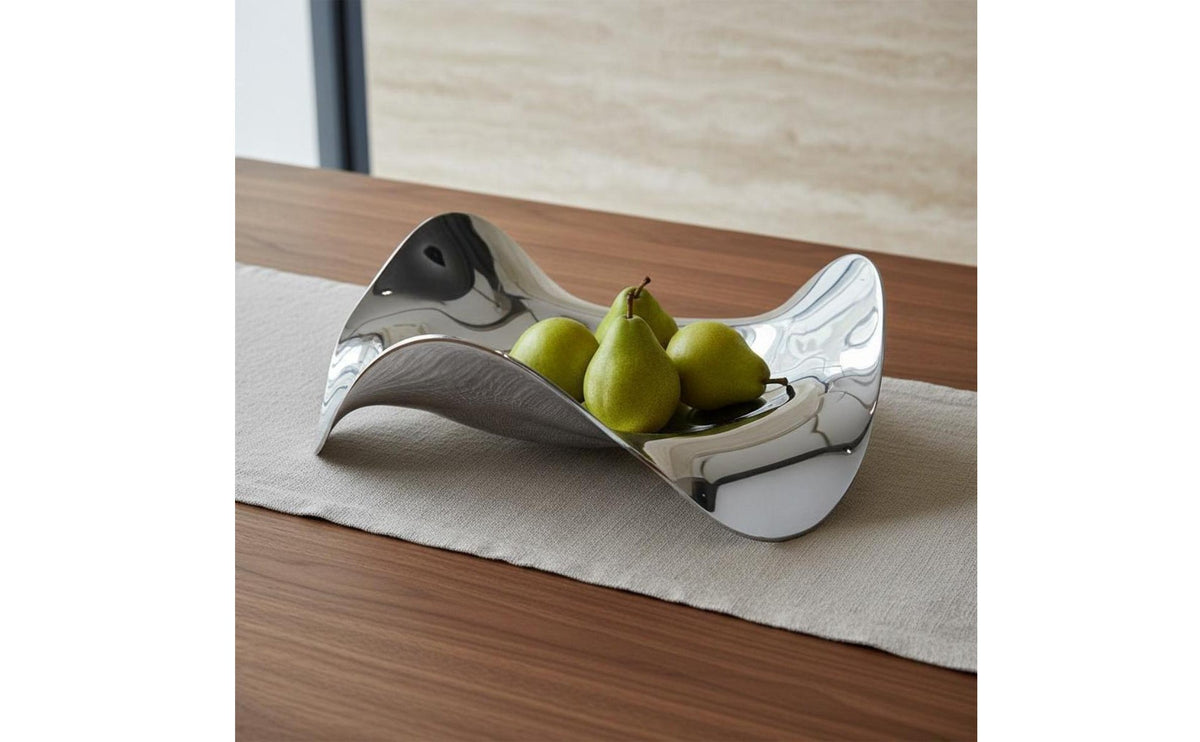 Modern Design Irregular Wave Tray Mirror Finish Stainless Steel Decorative Tray Easy to Clean Silver Metal Fruit Bowl Rust-Resistant for Dining Table, Living Room