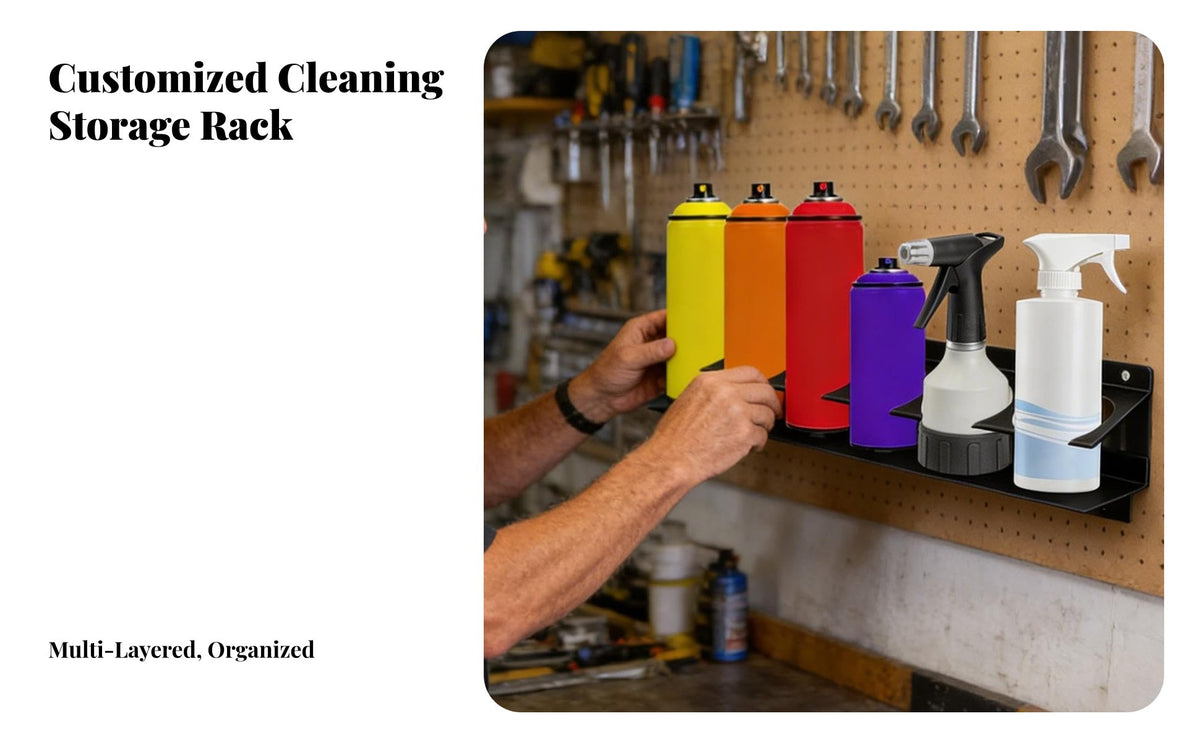 Wall Mount Spray Bottle Holder Space Saving Spray Bottle Storage Rack Heavy Duty Wall Mount Can Organizer for Mechanics, Garage, Workshop