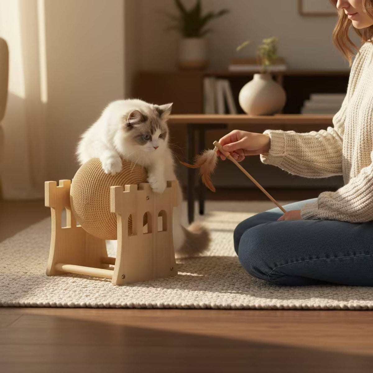 Wooden Cat Scratching Toy with Ball Corrugated Scratching Ball Natural Easy to Install for Indoor