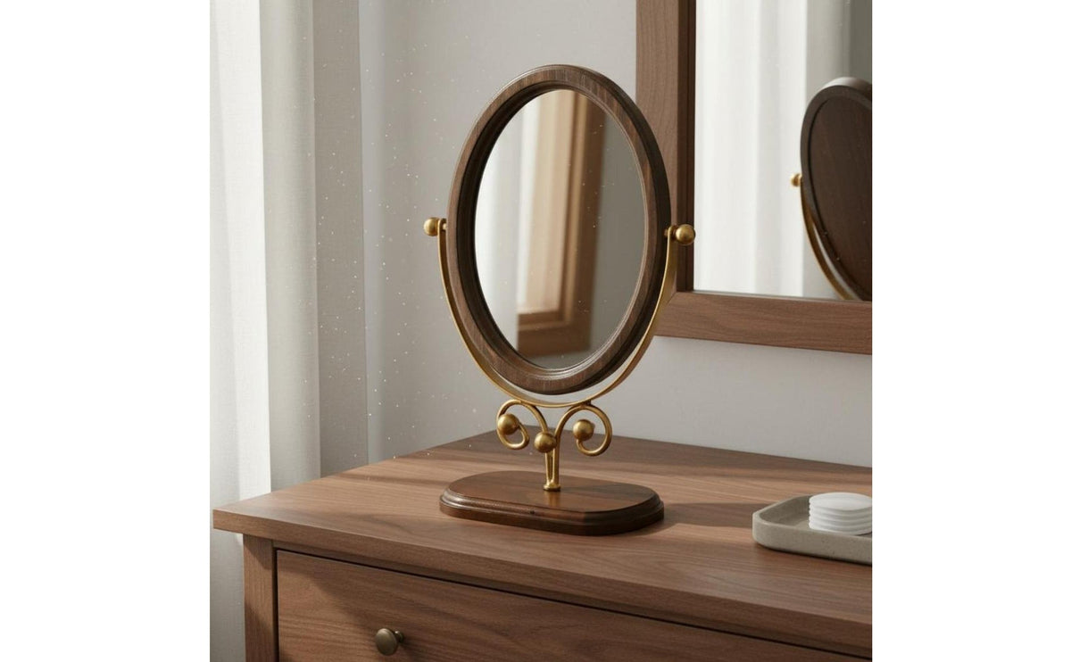 Wooden Frame Desktop 360° Rotating mirror° Rotation Vintage Design Dressing Table Mirror Decorative Personal Care Accessory for Bedroom, Dorm Room