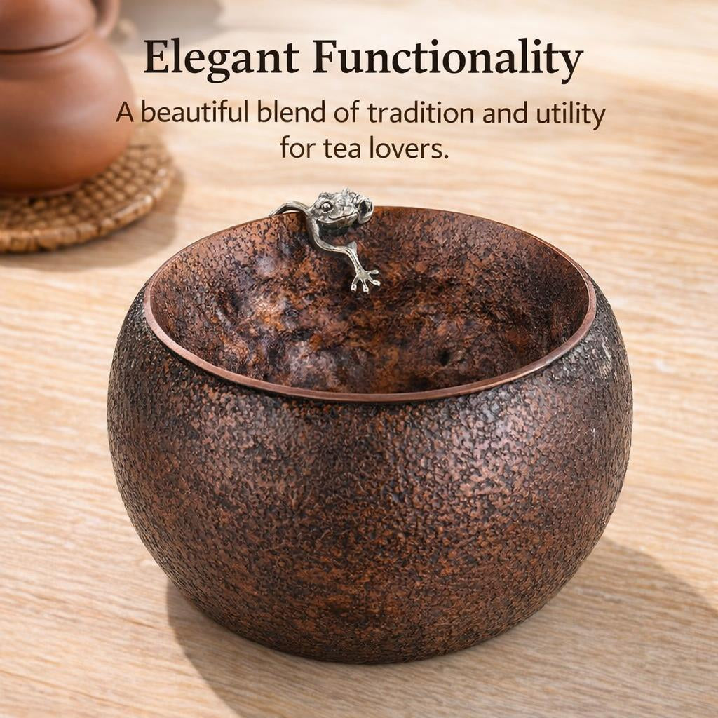 Tea Waste Container with Lid, Chinese Style Ceremony Bowl with Silver Inlay, Copper Material Dregs Bucket for Lovers, 700ml Capacity