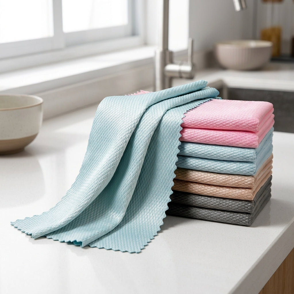 Fish Scale Microfiber Microfibre Cloth for Window Wipes, High Absorption Quick-Dry Glass and Kitchen Cleaning Cloth with Reinforced Edges, 1pc