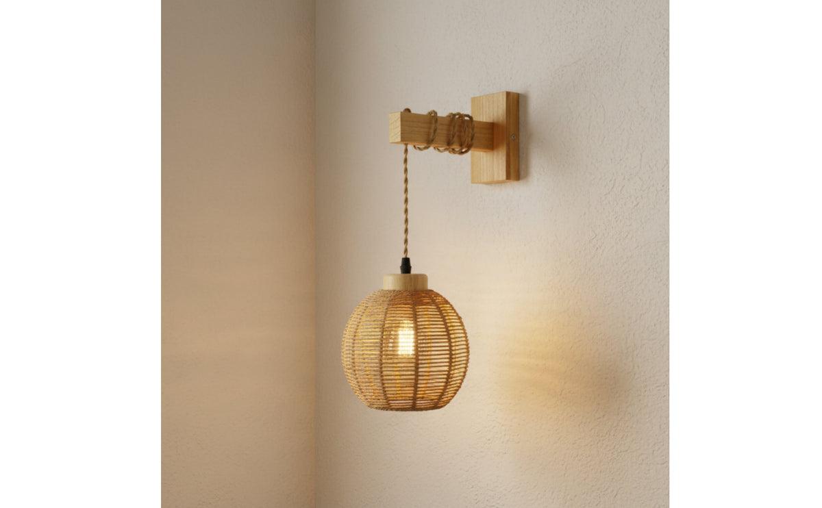 Paper Rattan Wall Light Hand-Woven Wall Lamp with Wooden Arm for Bedroom, Reading Corner, Living Room