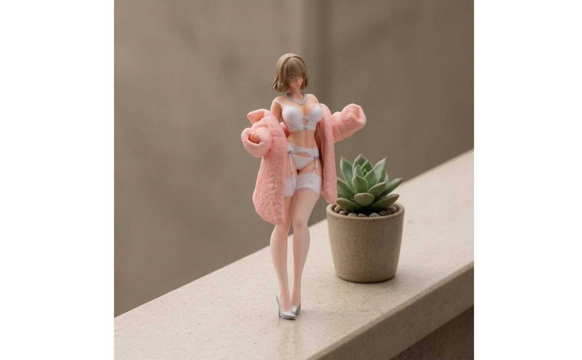Hand-Painted Resin Figurine Pink Plushy Coat Coat 1/18 Scale Figurine Detailed Facial Features