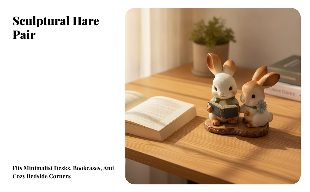 Rabbits Ornament with Book | Textured Wood-Look Base, Hand-Painted Details, Rabbits Figurine with Books, for Bookshelf