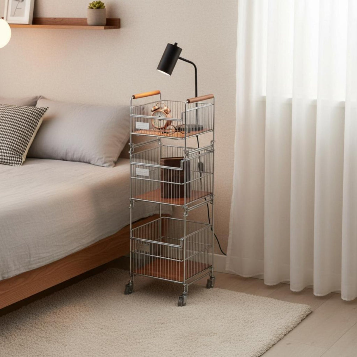Easy to Move 2-Tier Rolling Side Table Retro Design 2-Tier Rolling Organizer Multifunctional Storage Trolley Large Capacity for Apartment Dwellers, Homeowners, Living Room, Bedroom, Dining Area, Home Office