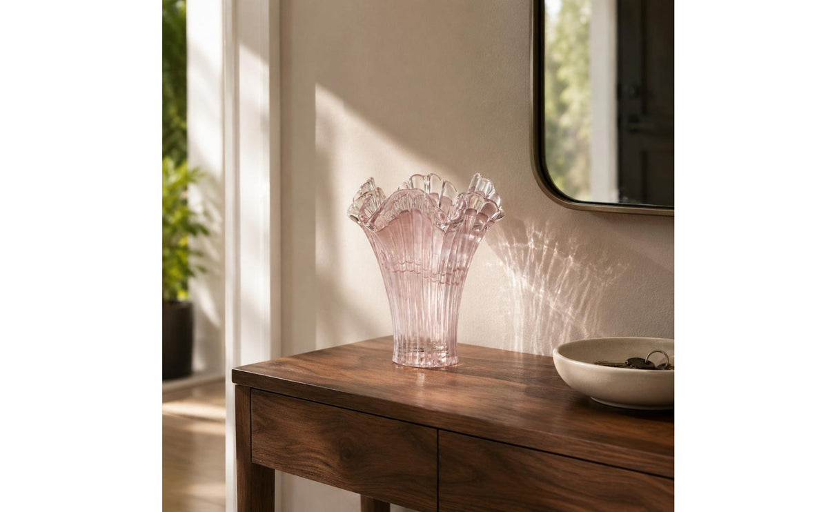 Pink Glass Vase Artistic Pink Vase Wavy Rim for Dining Table