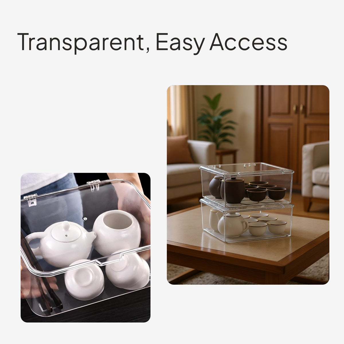 Tea Set Organizer Box, Transparent Stackable Storage
