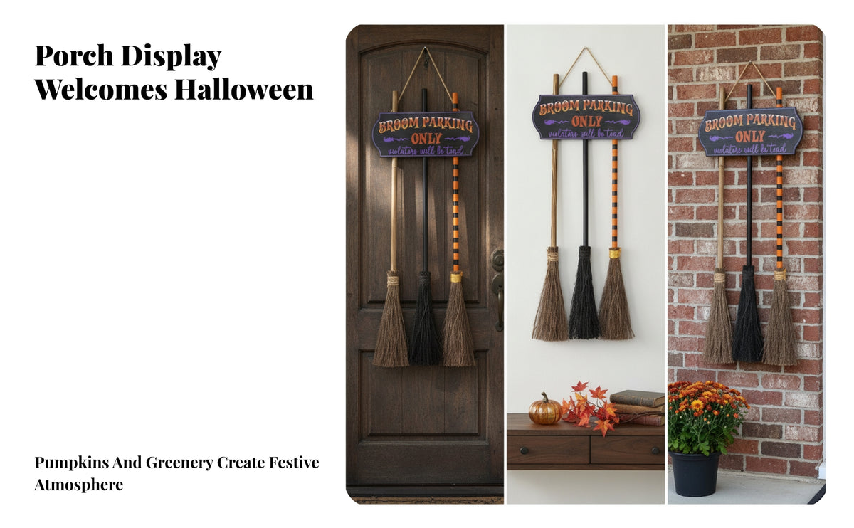 Wooden Signboard with Brooms | Includes Assembly Hardware and Screwdriver, Halloween-Themed, Broom Wall Decor, for Entryway