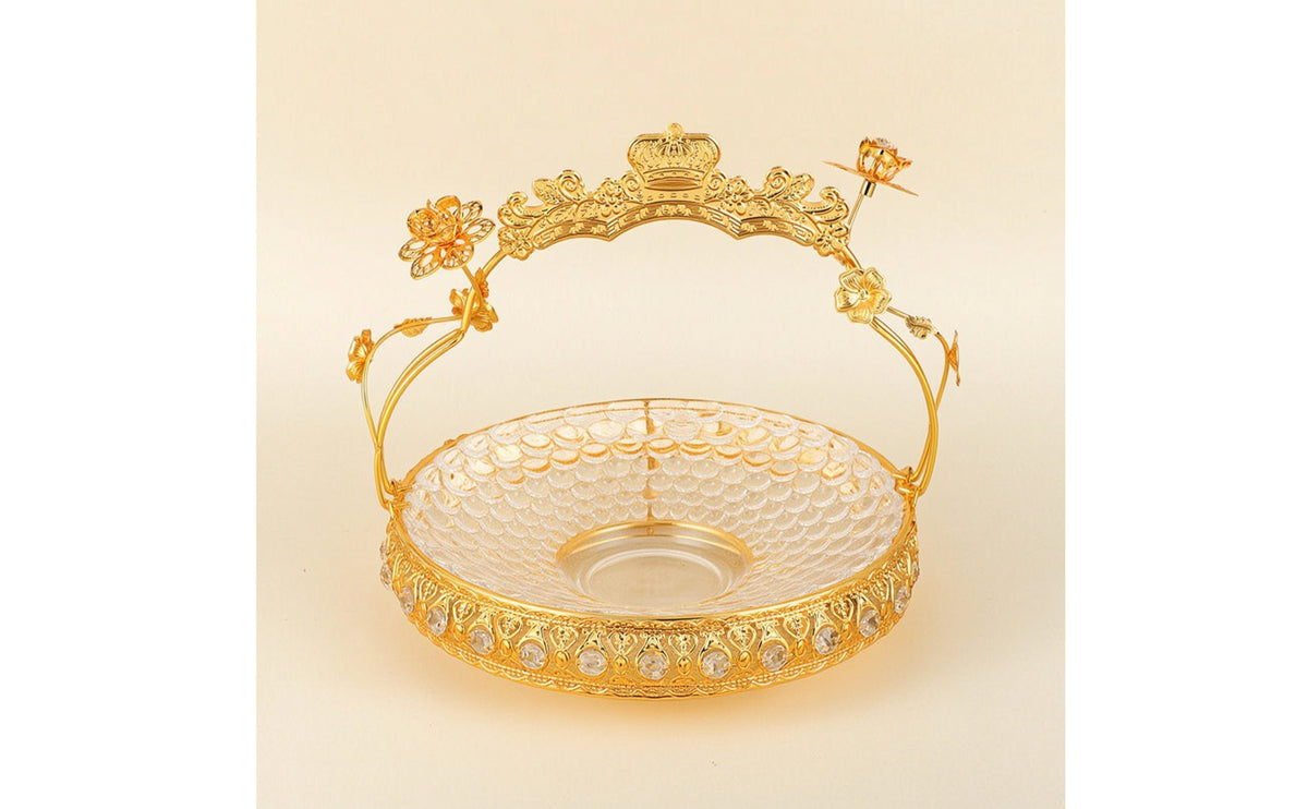 Fruit Basket with Glass Bowl Gold-Tone Fruit Bowl with Metal Frame Decorative Ornate for Dining Table, Wedding