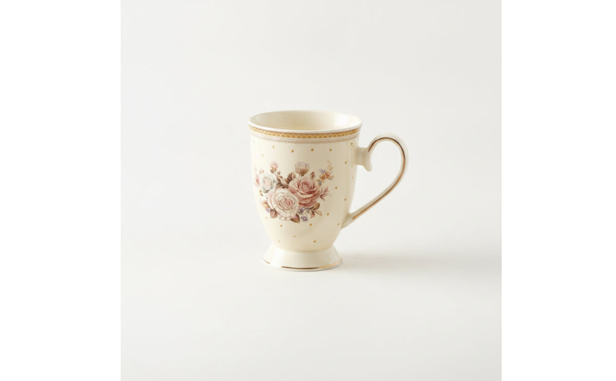 Vintage-Style Floral Coffee Mug Gold-Rimmed Pedestal Mug Shabby Chic for Tea Lovers, Home Office