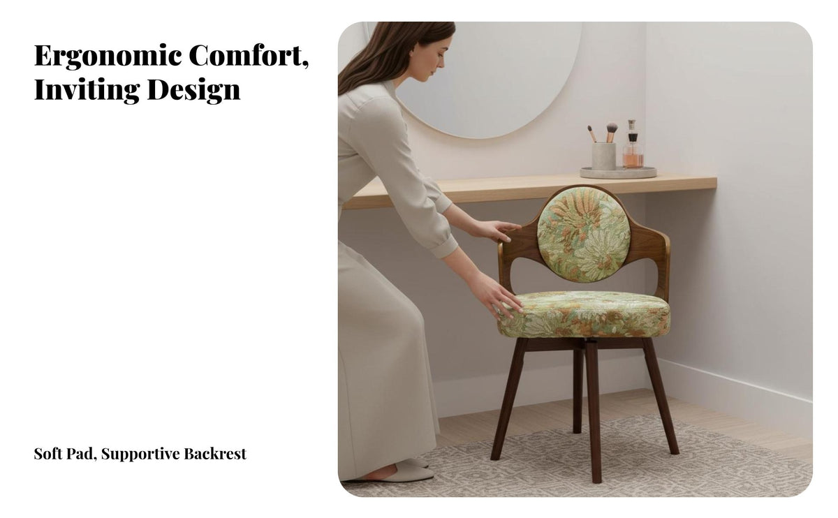 Vintage Wooden Makeup Chair Solid Wood Frame Swivel Dressing Chair Floral Pattern Household Furniture for Bedroom