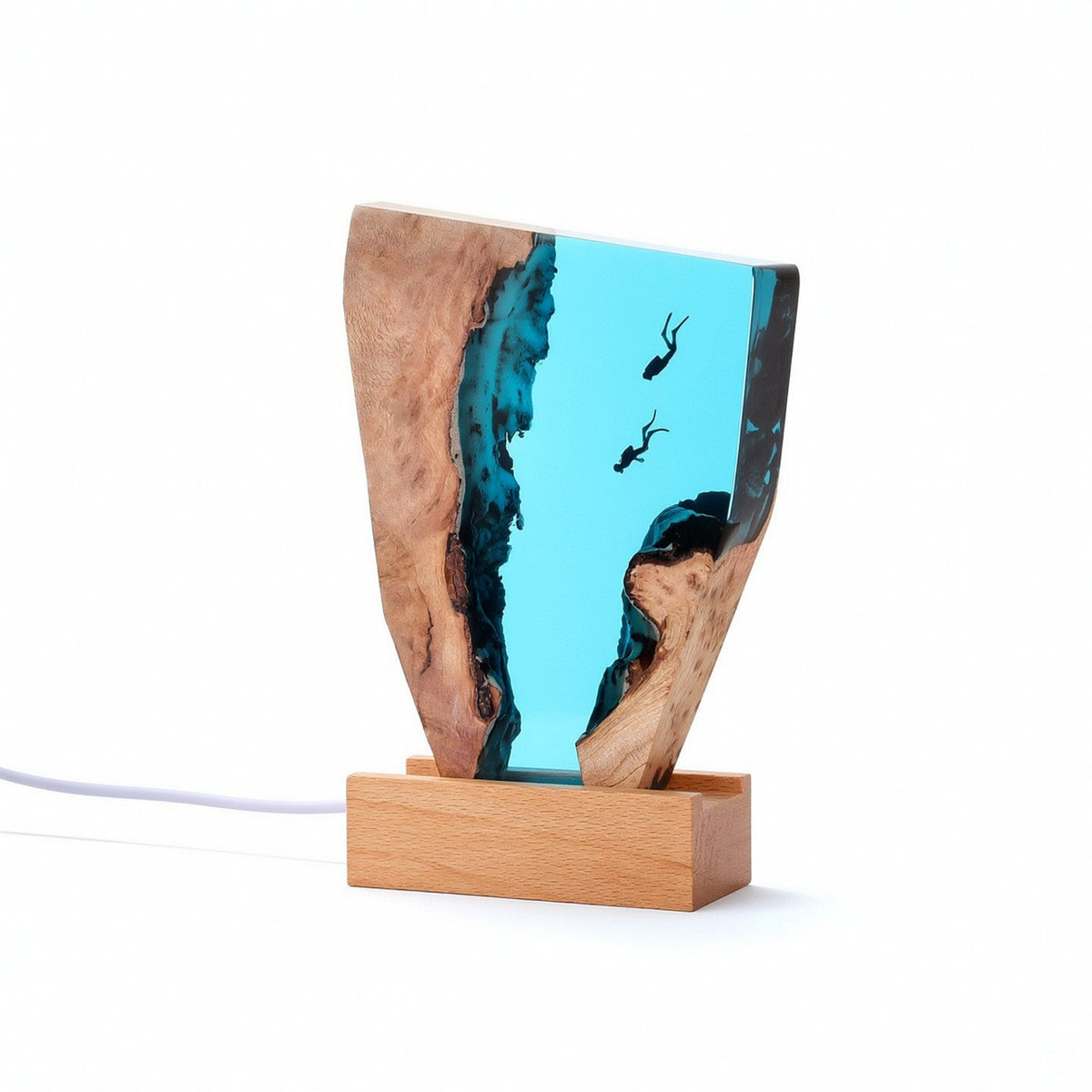 Ocean-Inspired Epoxy Night Light with Wood Base Aquatic Epoxy Resin Night Light Faceted Resin Wood Lamp Irregular for Shelf