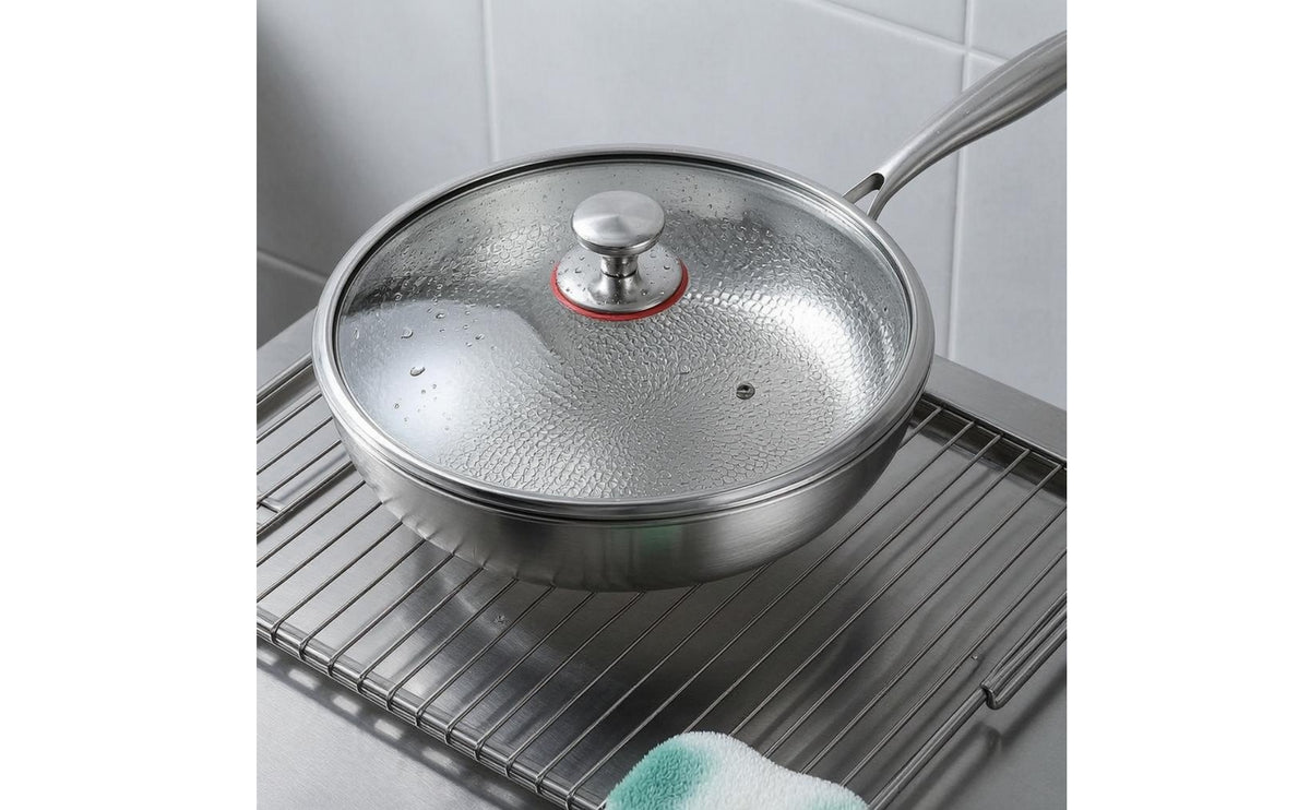 Deep Frying Pan with Lid Hammered Finish Lidded Frying Pan Honeycomb Pattern Chef Skillet