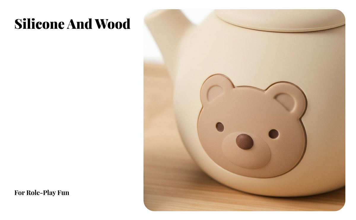 Silicone Toy Tea Set Bear Themed Afternoon Tea Toy Role Playing Fun Pretend Play Animal Teacups for Young Children, Infants, Playroom, Bath Time