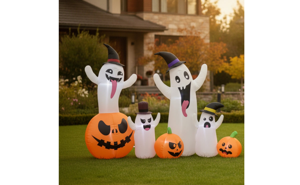 Cute Inflatable Ghost with Pumpkins Adorable Halloween Inflatable with Witch Hats Sturdy Inflatable Decoration Easy to Use for Lawn