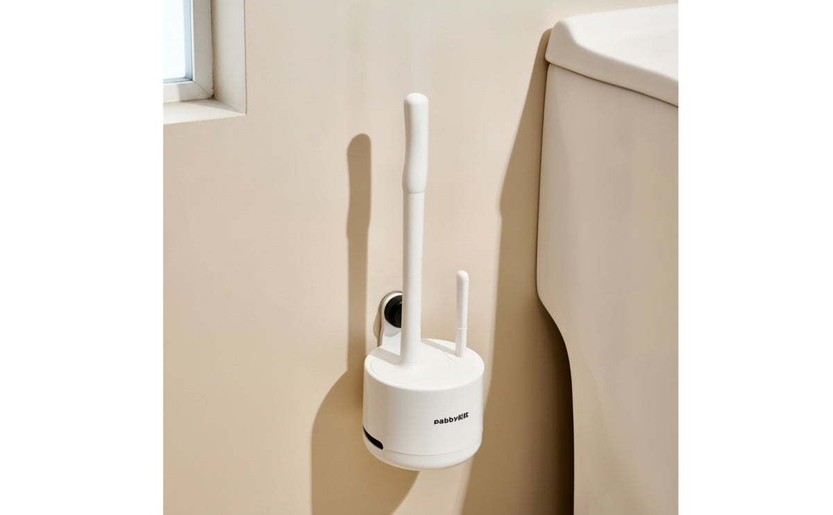 Toilet Brush with Holder Wall-Attached Toilet Brush Mounting without Holes Cleaner for Renters, Lavatory, Small Bathrooms