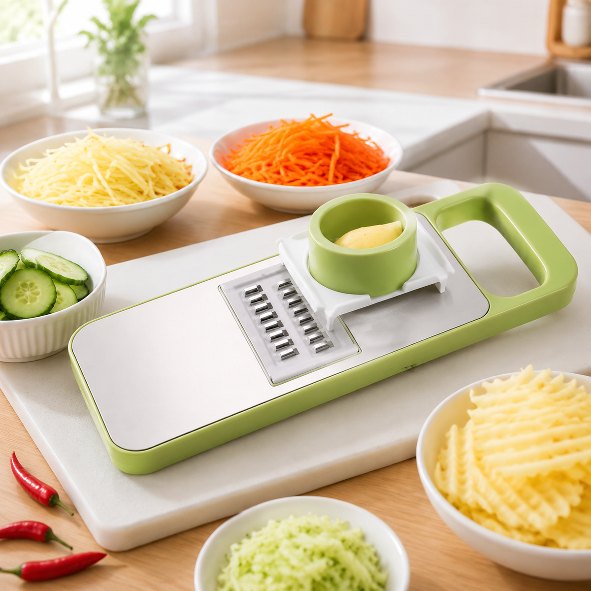Julienne Slicer, Multi-Function Vegetable Slicer, With Container & Holder, 6 Blades, Stainless Steel Blades, Time-Saving Cooking, Salad Making, 28.5×11×6cm