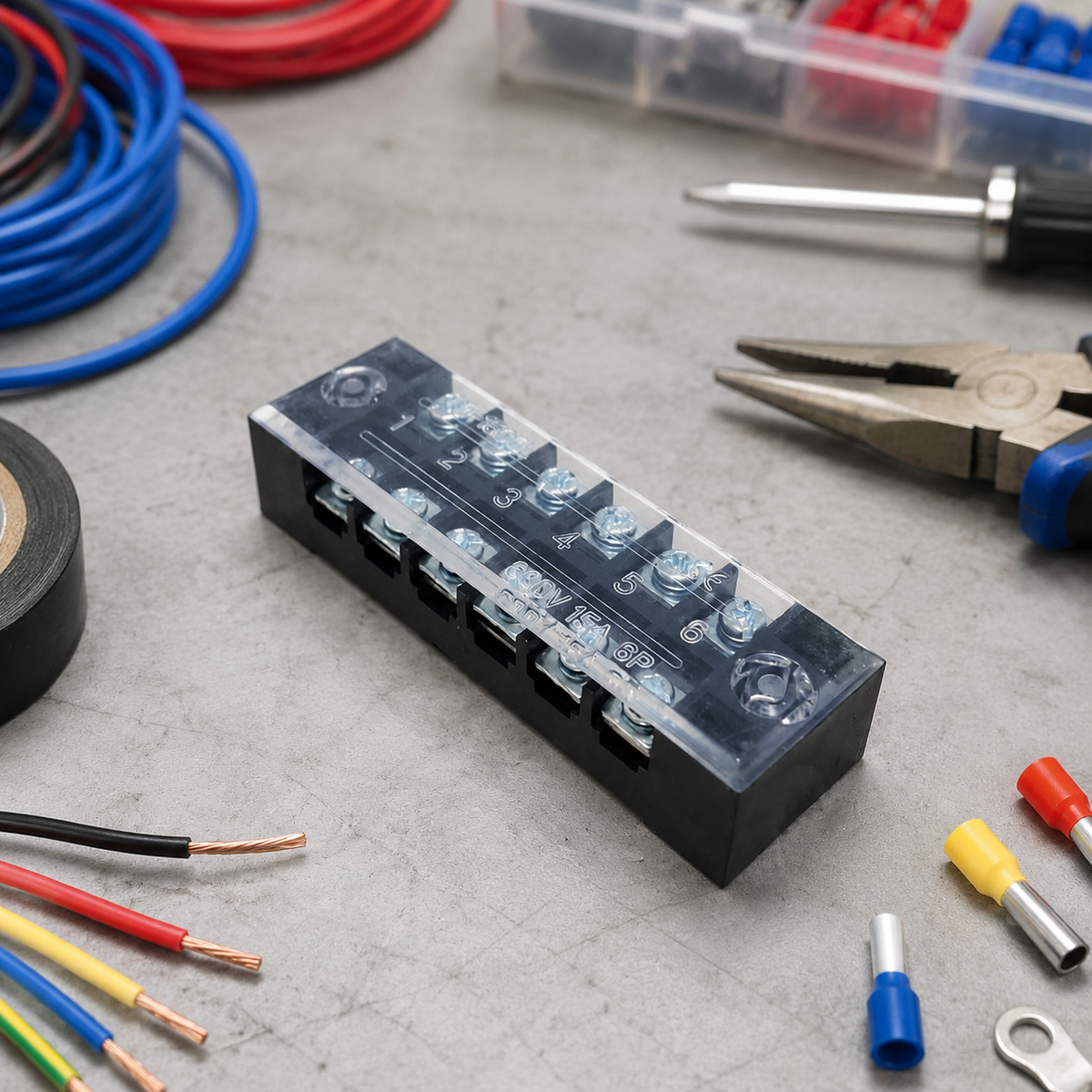 TB-1506 DIN Rail Terminal Block, 600V 15A, 100 pieces 6-pole, for control cabinet & DIYers, secure electrical connection