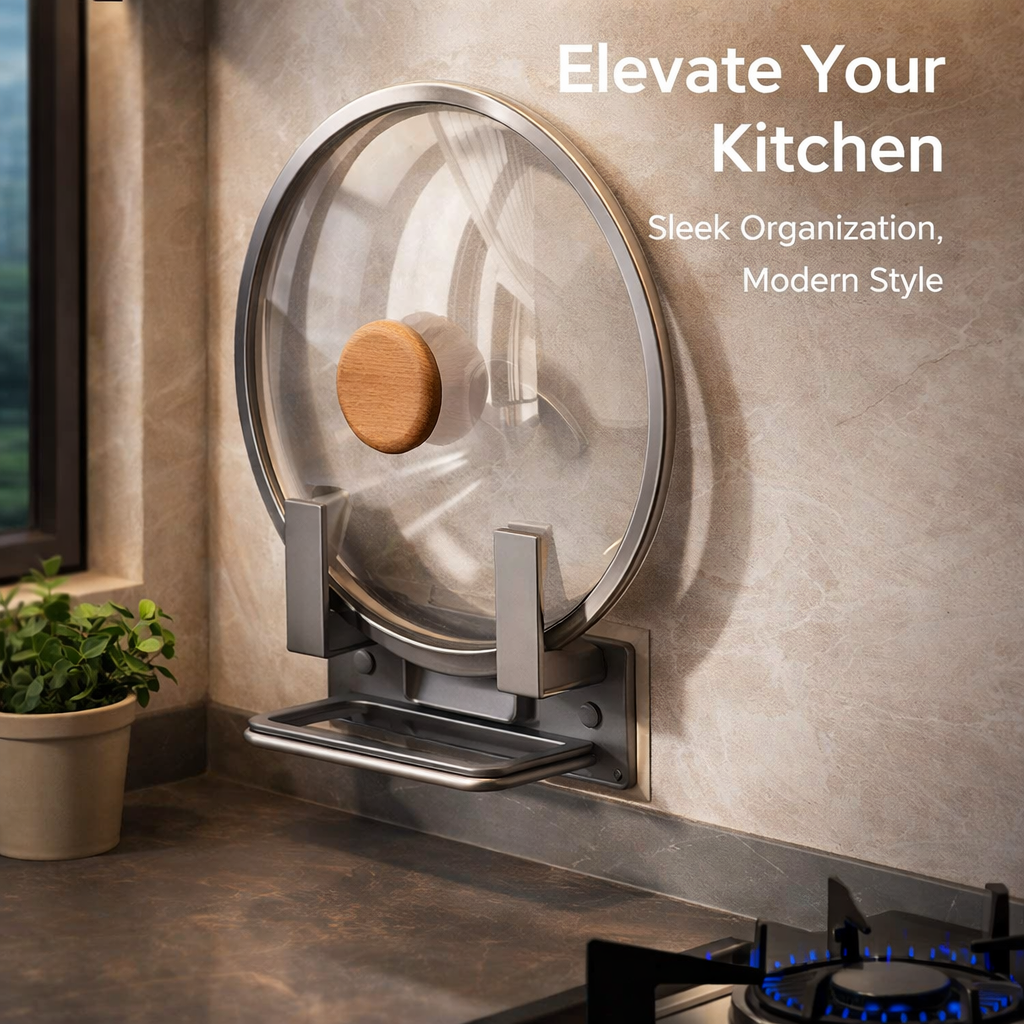 Cabinet Wall Mount Rack for Lid Storage and Pot Organizer, Aluminium Kitchen with Drainage Tray for Countertop