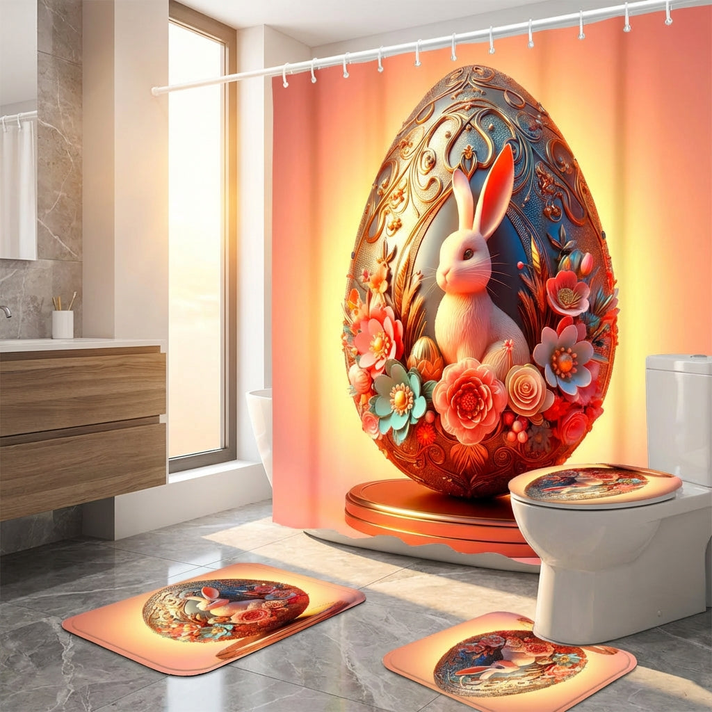 Easter Shower Curtain and Rug Set Waterproof Washroom Decor Set Festive Design for Gift Donors, Homeowners, Home Decoration, Restroom