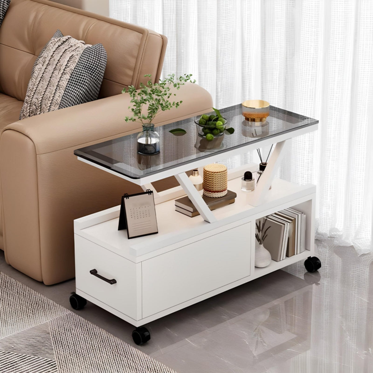 Space-Saving Rolling C-Table With Storage Shelf Wheeled C-Table Modern design Living Room Furniture Multi-Functional for Apartment Dwellers, Homeowners, Remote Workers, Next to Sofa, Small Spaces, Bedroom, Home Office