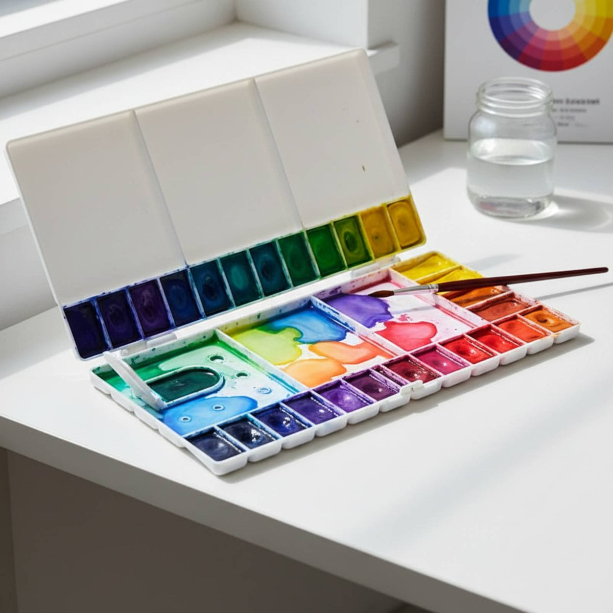 Foldable Watercolor Palette Portable Folding Paint Tray with Lid Lidded Artist Palette Brush Holder Slots for Outdoor Painting