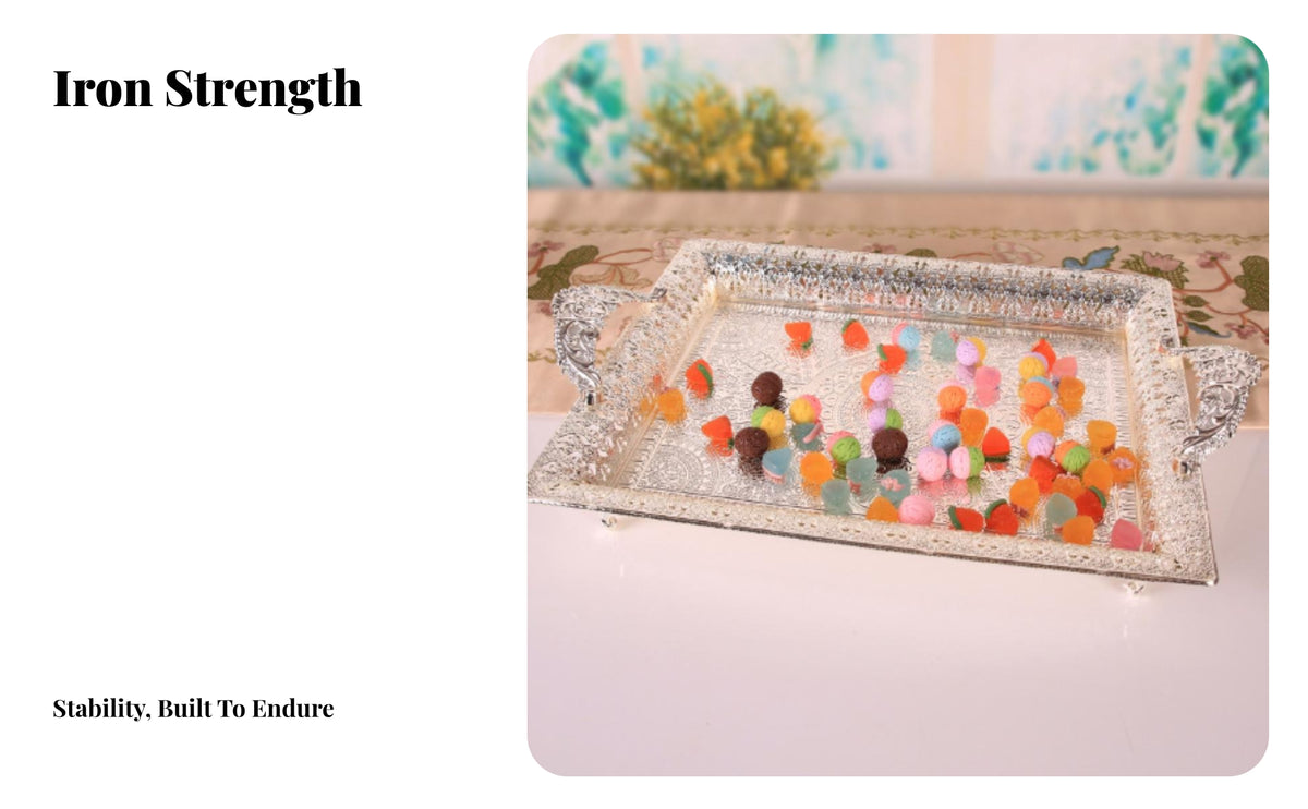 Ornate Peacock Pattern Tray | Reflective Shiny Finish, Embossed Floral Tray, for Coffee Table