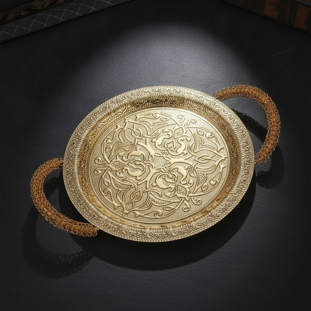 Serving Tray with Handles Gold-Tone Metal Serving Tray Round for Dining Table