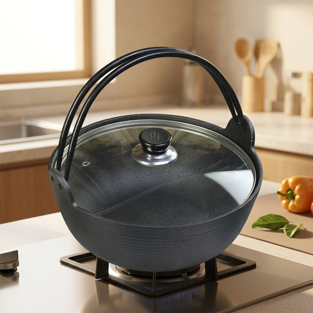 Dutch Oven Cast Iron Cooking Pot with Bail Handle, Uncoated Heavy Duty Soup Pot for Home Cooking, Japanese Style Stew Pot, Indoor Outdoor Use