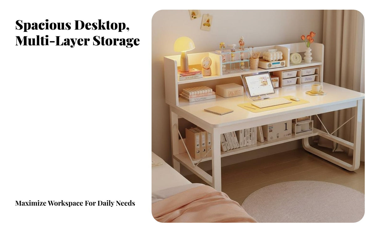 Simple Study Desk Large Desktop Student Desk with Storage Shelves Rounded Corners Computer Workstation with Bookshelf for Children, Students, Bedroom