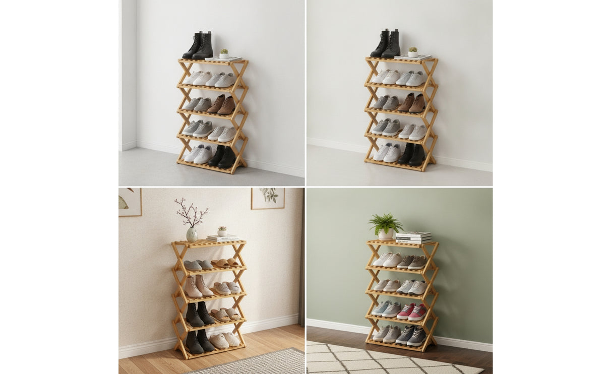 No-Assembly Foldable Shoe Rack Slatted Bamboo Shoe Rack Sturdy Freestanding Shelf Natural for Entryway