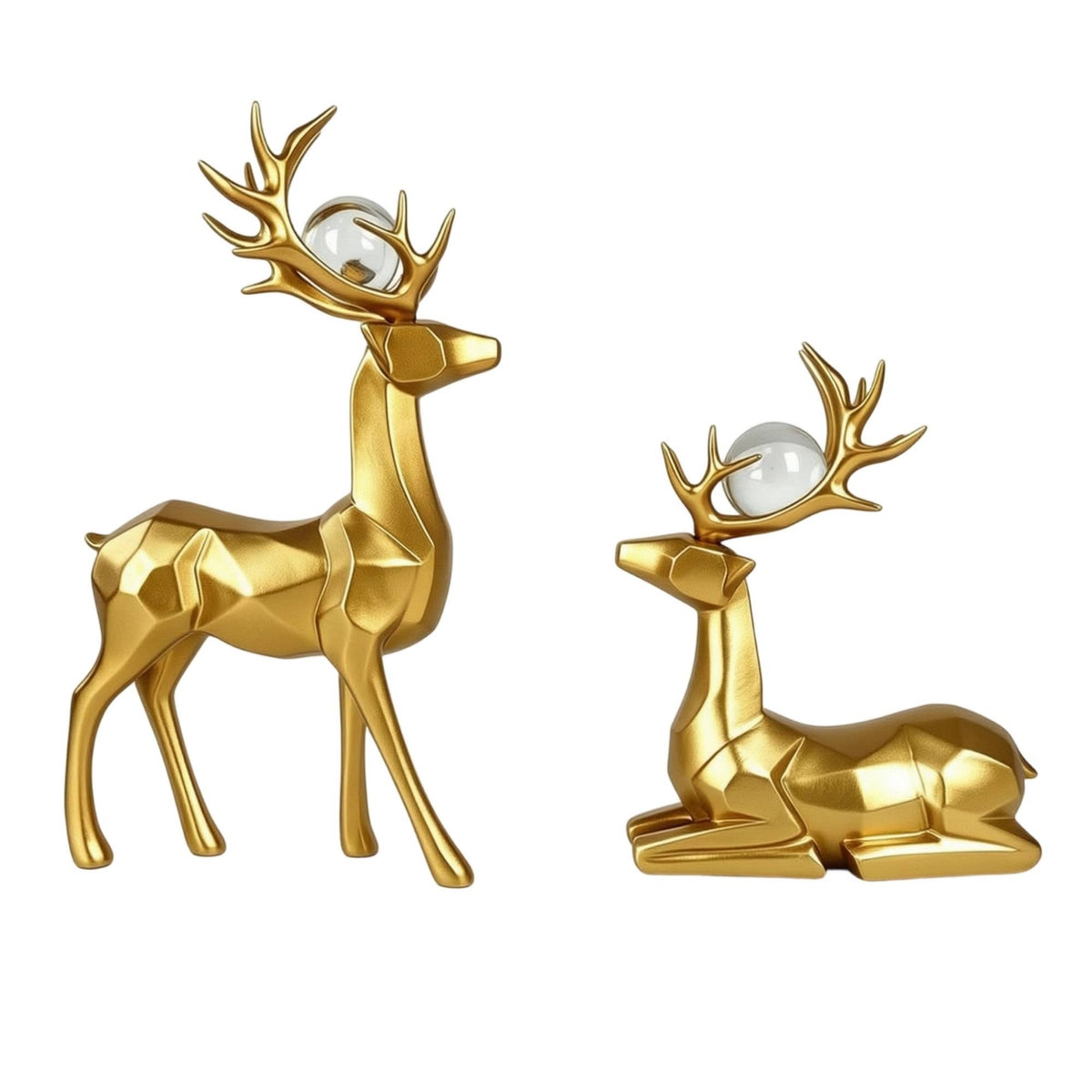 Faceted Deer Statues with Glass Balls Lustrous Geometric Deer Sculptures Tabletop Sculpture Golden for Living Room, Entryway, Tv Cabinet, Office