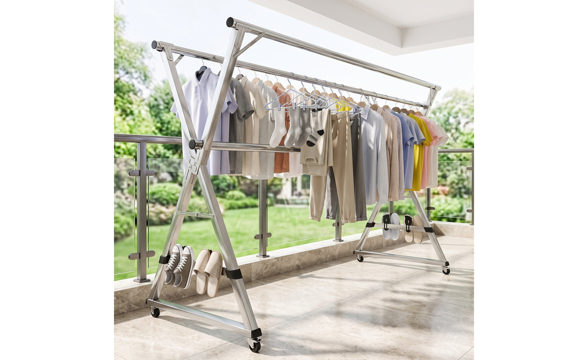 Stainless Steel Clothes Drying Rack Foldable Drying Rack with Shoe Hooks Telescopic Clothes Horse Expandable for Laundry Room, Balcony, Apartment