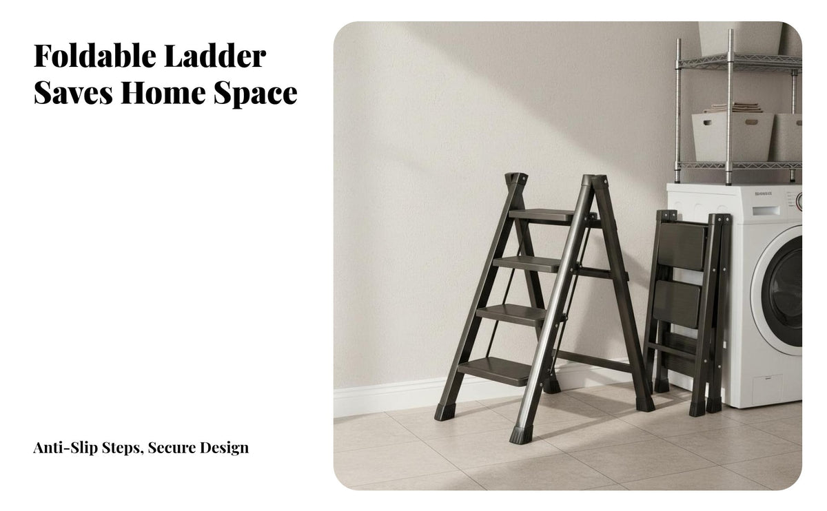 Foldable Folding Step Ladder Space Saving Portable Household Ladder Multi-Functional Lightweight Step Stool Anti-Slip Pedal for Homeowners, Seniors, DIY Enthusiasts, Indoor, Office, Garage, Closet