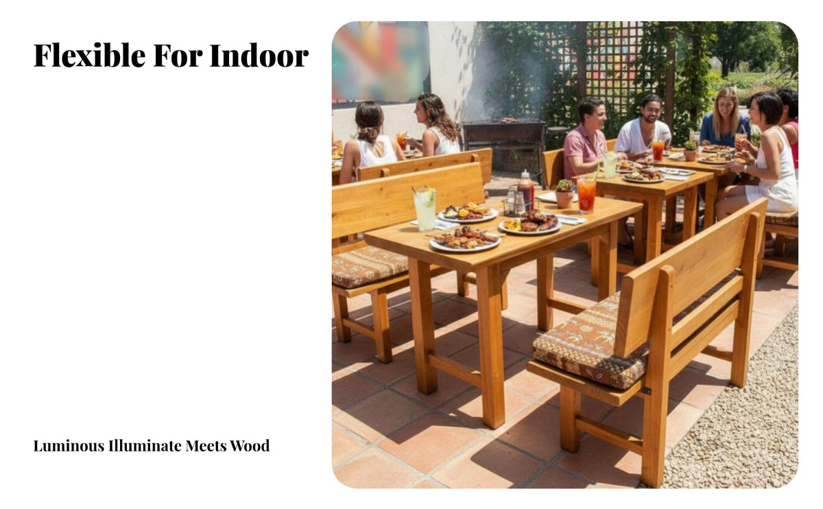 Industrial Design Wooden Tavern Table and Bench Set Southeast Asian Design Bar Furniture Solid Wood Construction Restaurant Seating Heavy Duty for Eatery Owners, Apartment Dwellers, Cafe, Dining Room, Kitchen, Breakfast Nook