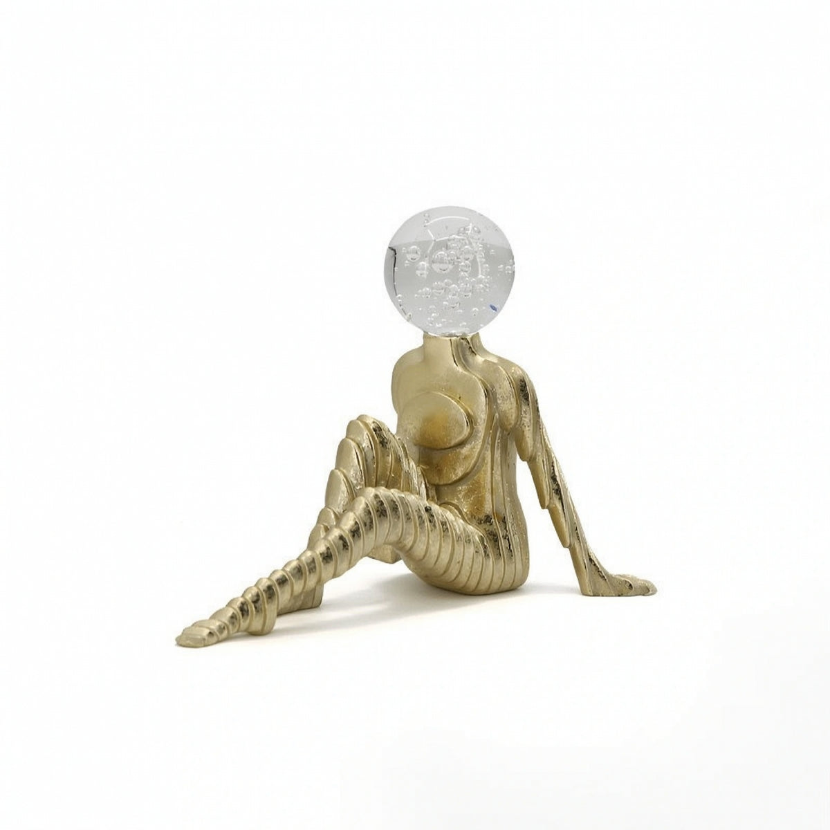 Abstract Figurine with Glass Head Sculptural Seated Figurine Ribbed Statue for TV Cabinet