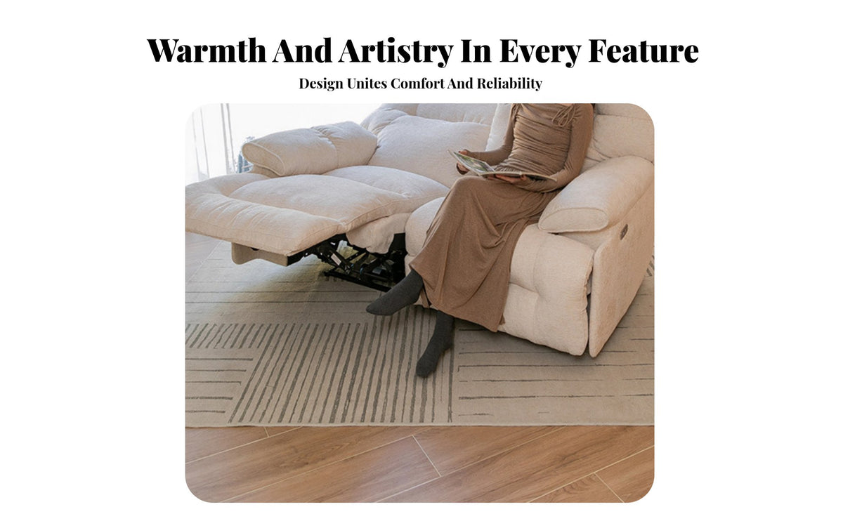Space-Saver Recliner Design 2-Seater Power Sofa Home Theater type Recliner Adjustable Footrest Reclining Couch Universal Serial Bus Charging Port for Movie Lovers, two people, Homeowners, Apartment, Man Cave