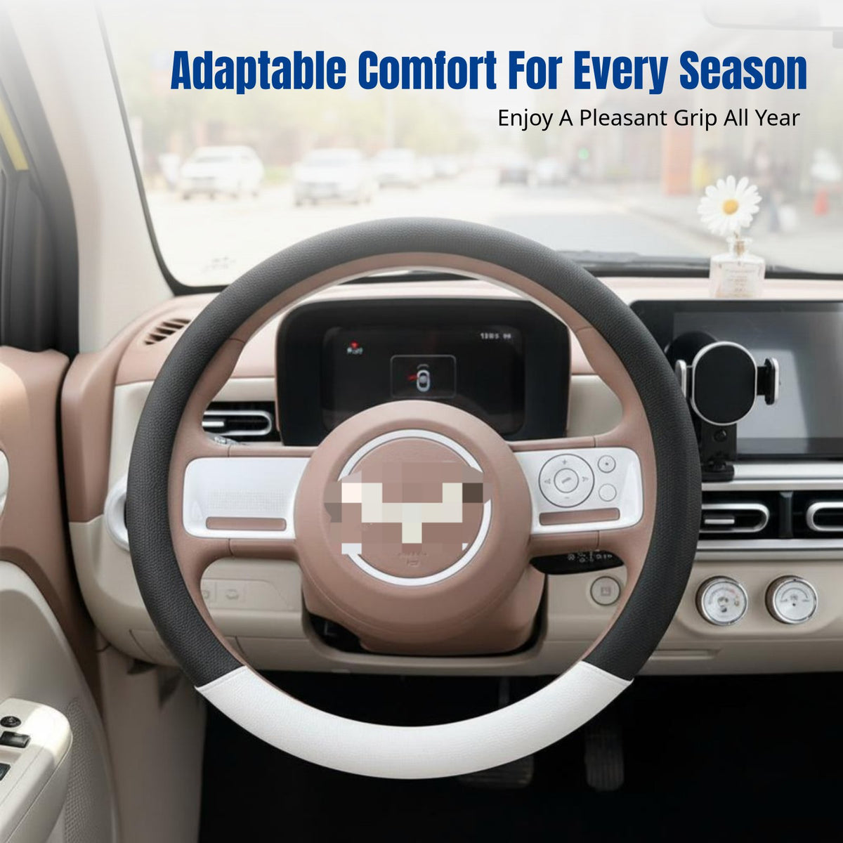 Steering Wheel Cover for Wuling Hongguang Mini EV, Macaron Panda Ears, Four Seasons, Anti-Slip Leather, Universal Decor