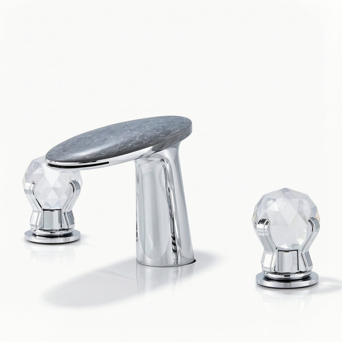 Lavatory Faucet with Waterfall Spout Deck-Mounted Lavatory Faucet with Crystal Handles All-Copper