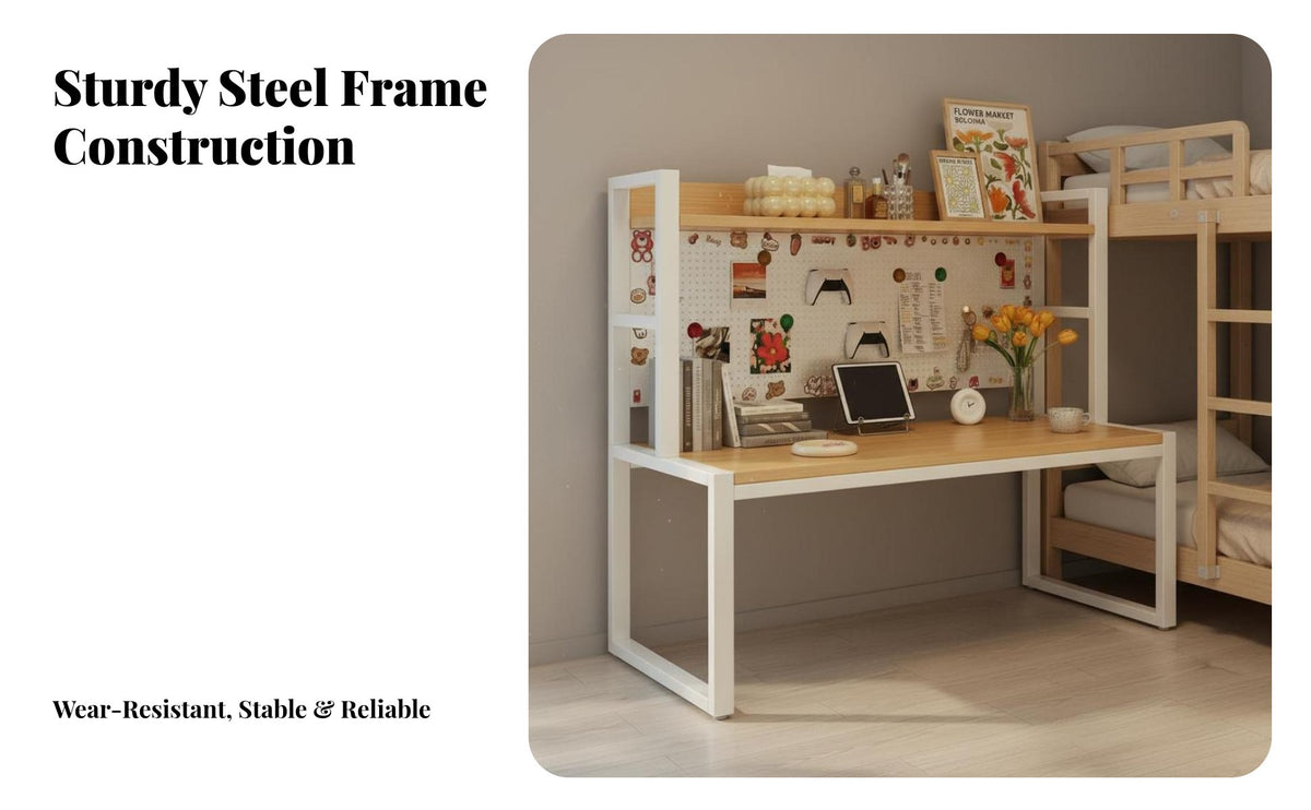 All-in-Single Design Student Bed Desk with Bookshelf Space-Saving Bunk Bed Computer Table Wide Desktop Dormitory Furniture Sturdy Steel Frame for College Students, Dorm Room, Small Bedroom