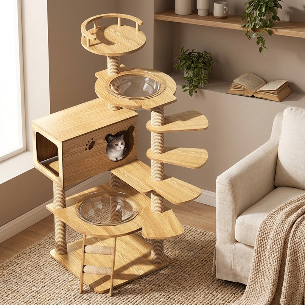 Cat House with Scratching Posts and Feeding Bowls, Solid Wood Pillar Activity Centre, Oak Board Cat Bed and Perch for Large Indoor Cats 5-Tier