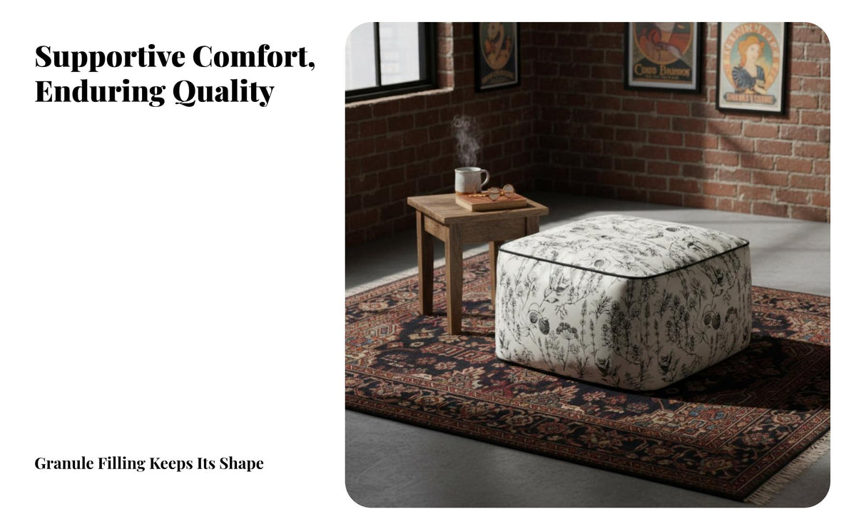 French design Woven Square Pouf Black and cream Pattern Floor seat Retro Design Ottoman Jacquard Weave for Adults, Homeowners, Parents, Living Room, perusing corner, Bedroom