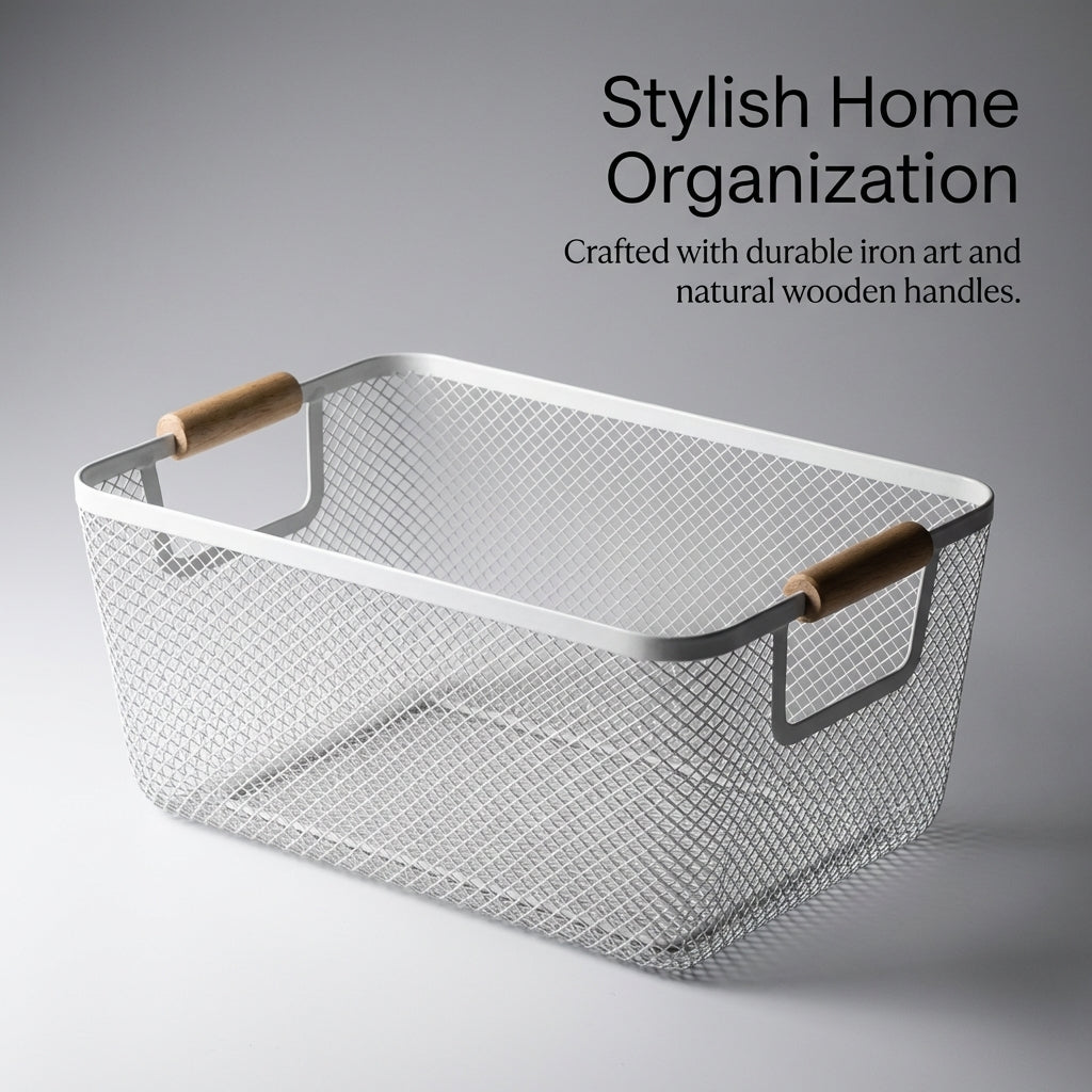 Bathroom Storage Baskets for Shelves with Wooden Handles, Iron Wire Organizer Bins for Toy White Set for Families