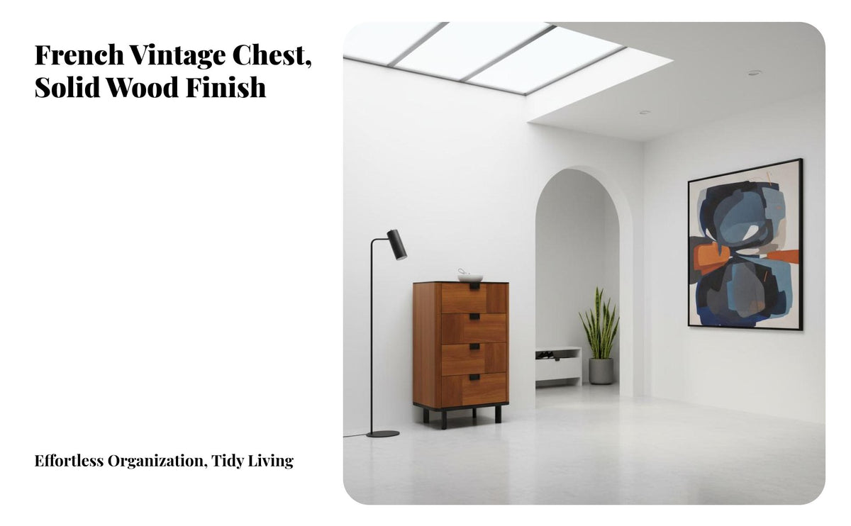 4-Drawer Storage Cabinet Retro Design Teak Veneer Cabinet Sturdy Craftsmanship Mid-Period Modern Chest of Drawers for Bedroom, Entryway, Small Areas