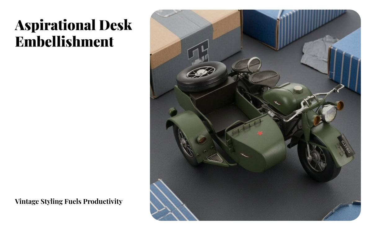 Green Sidecar Motorcycle Model | Retro Display Piece, Motorcycle Model with Sidecar, for Shelf